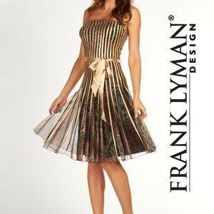 Dress: Frank Lyman Design, gold stripes, roses